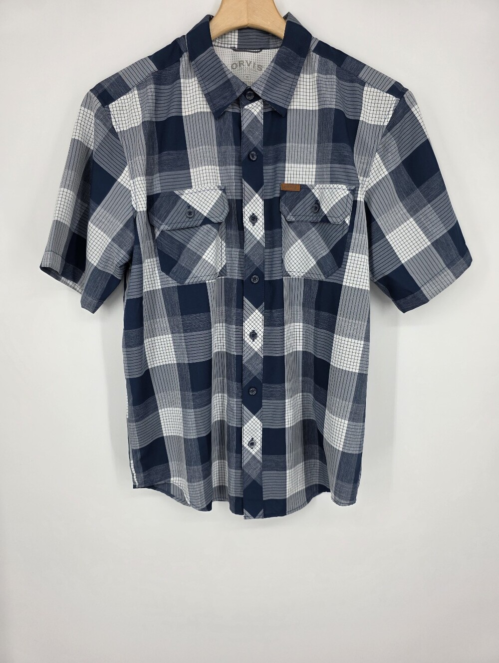 Orvis Blue and White Plaid Short-Sleeve Button-Down Shirt Size M.